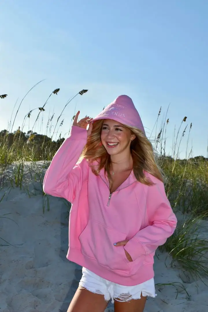 Sweet Pea Pink Pilates Detailed Waist Length Quarter Zip Hoodie