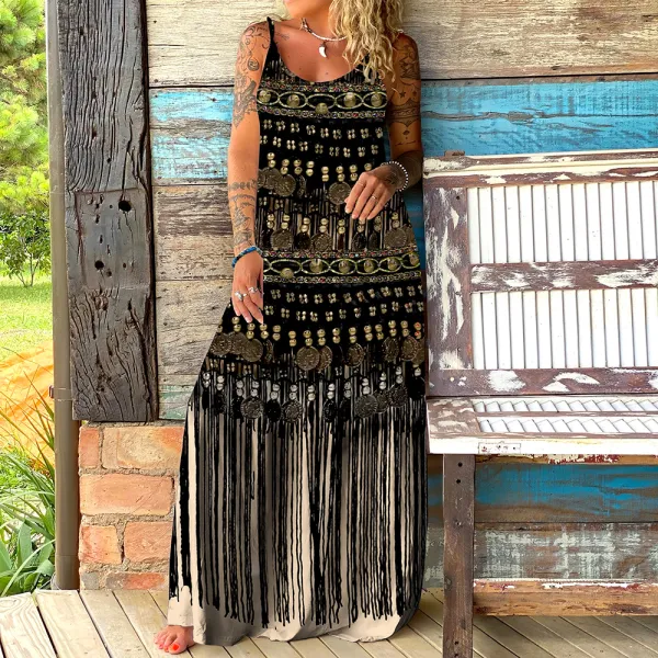 Viking Ethnic Tribal Tassel Art Slip Maxi Dress