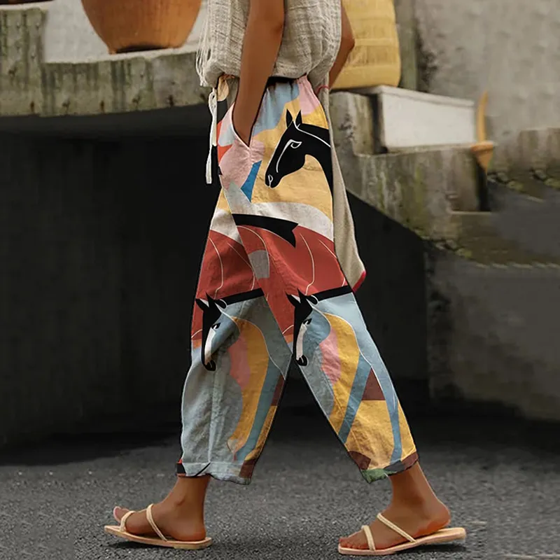 Women'S Multicolor Horse Printed Linen Blend Casual Pants