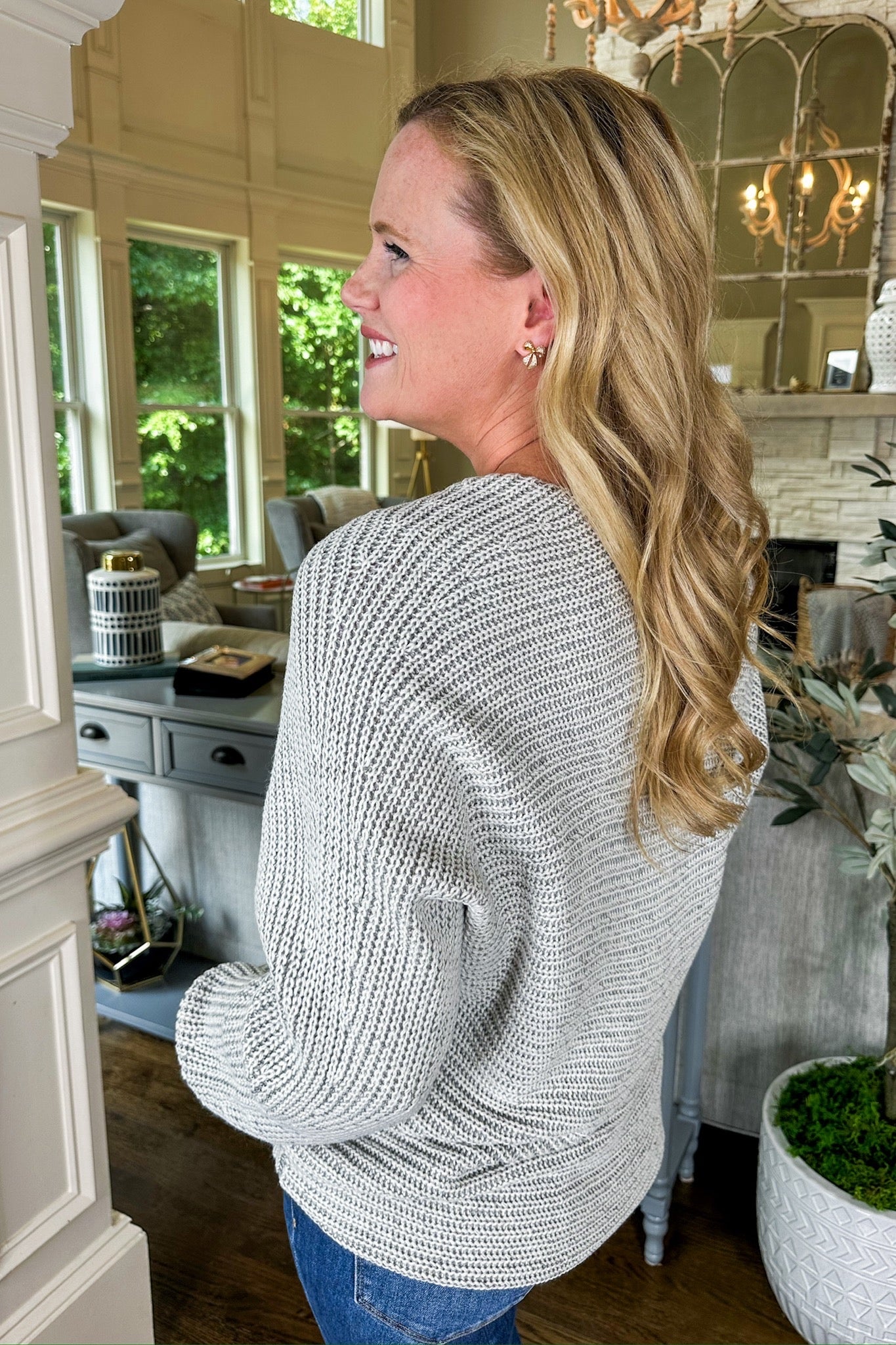 Heather Grey Cozy Knit V Neck Sweater