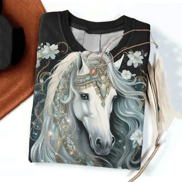 Western Horse Print Round Neck Long Sleeve T-Shirt