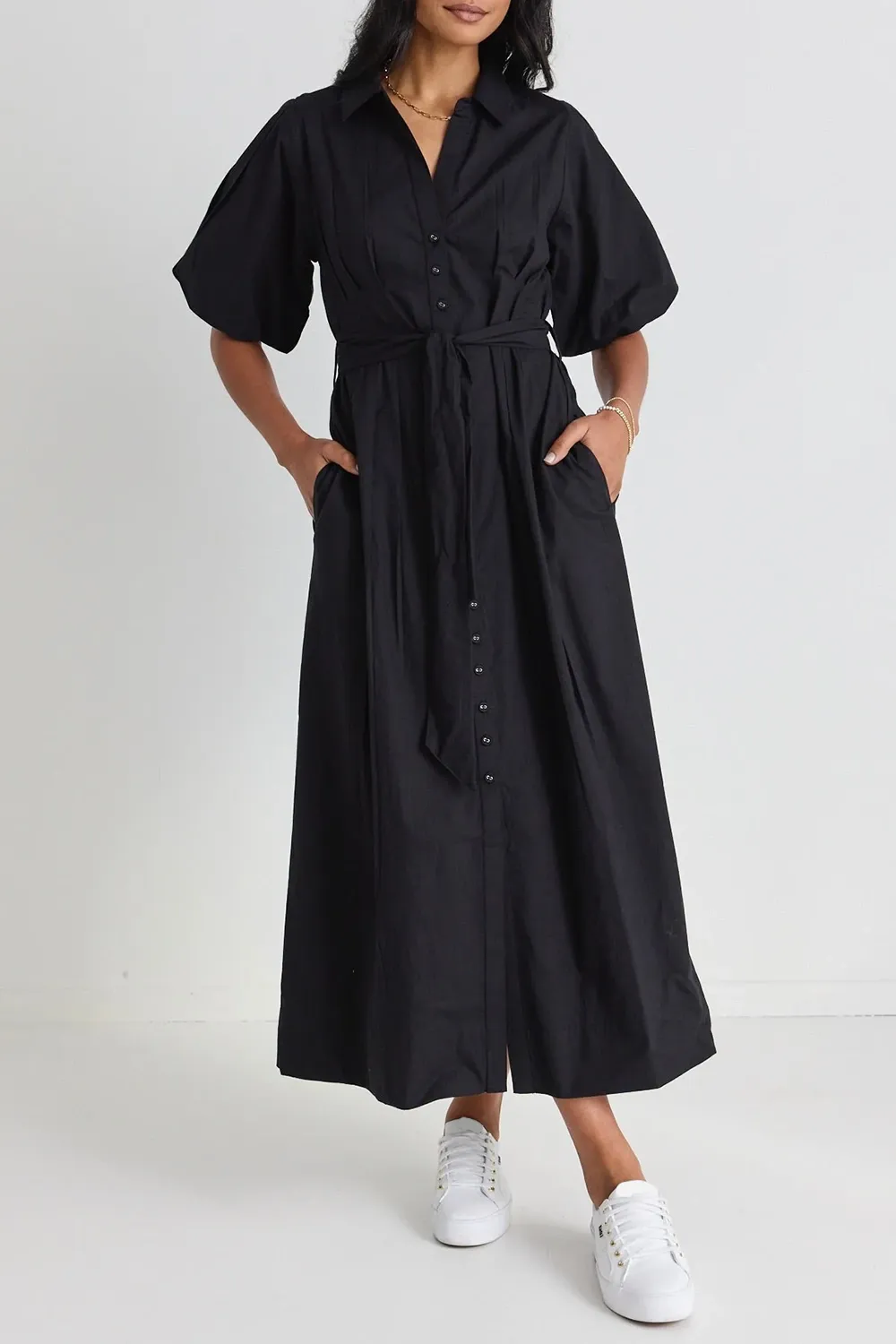 Dusk Black Puff Sleeve Collared Midi Dress