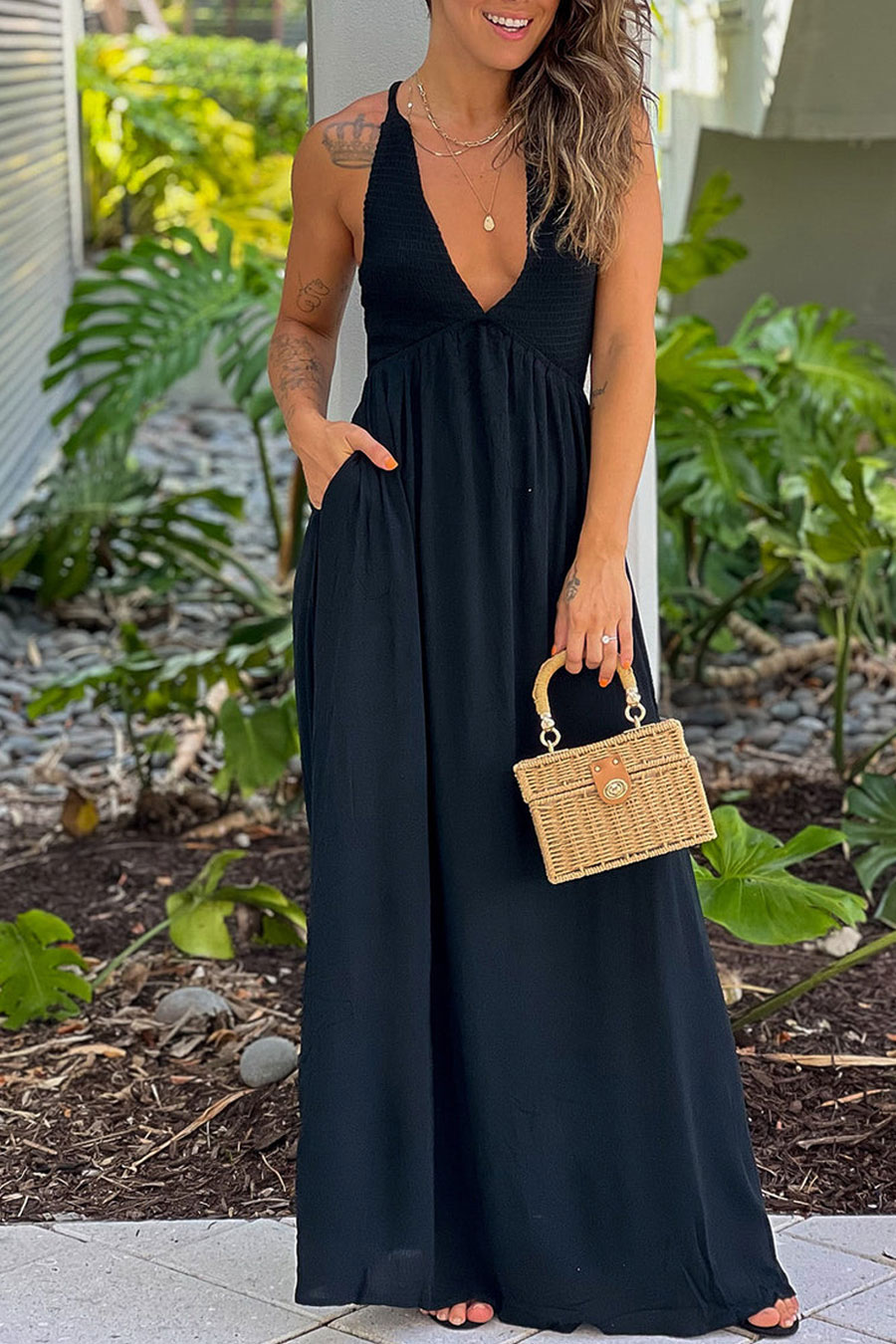 Black Maxi Dress With Smocked Top