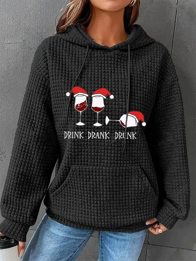 Women's Funny Christmas Drink Drank Drunk Red Wine Glass Casual Waffle Hoodie