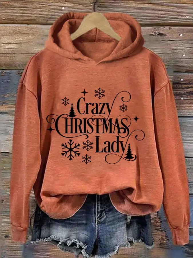 Women's Crazy Christmas Lady Print Casual Hooded Sweatshirt