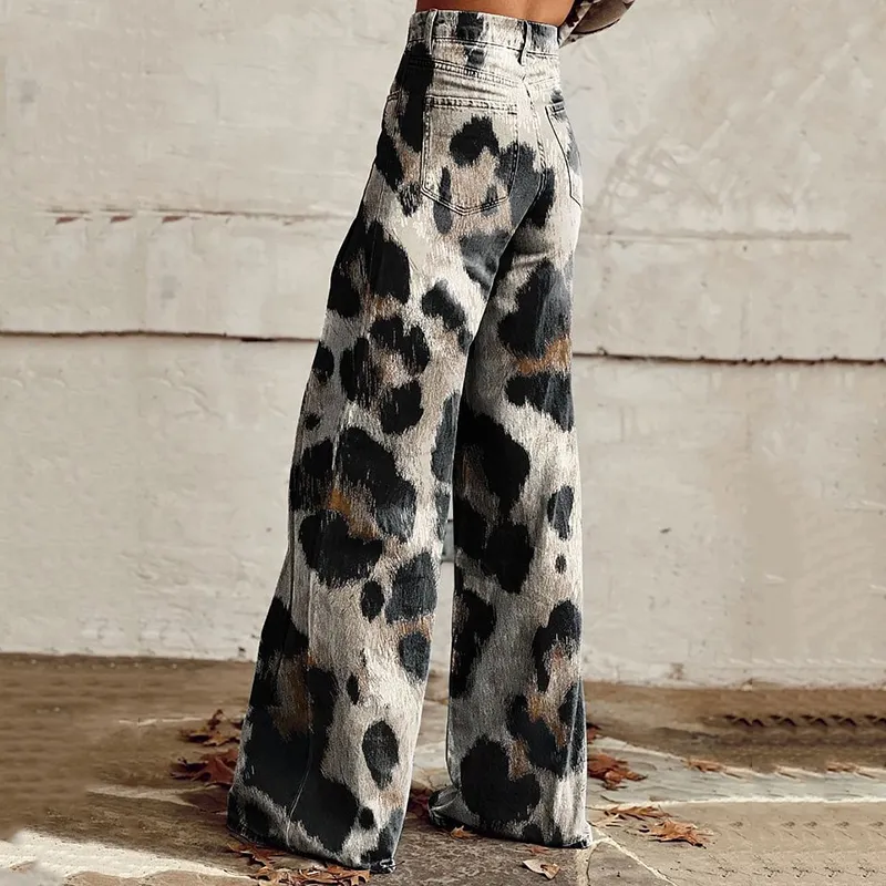 Western Leopard Print Wide Leg Jeans