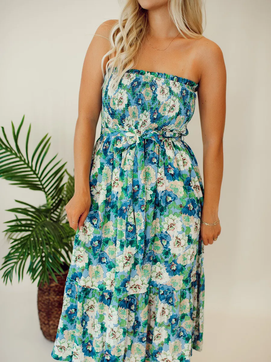 Floral patterned strapless mid length dress