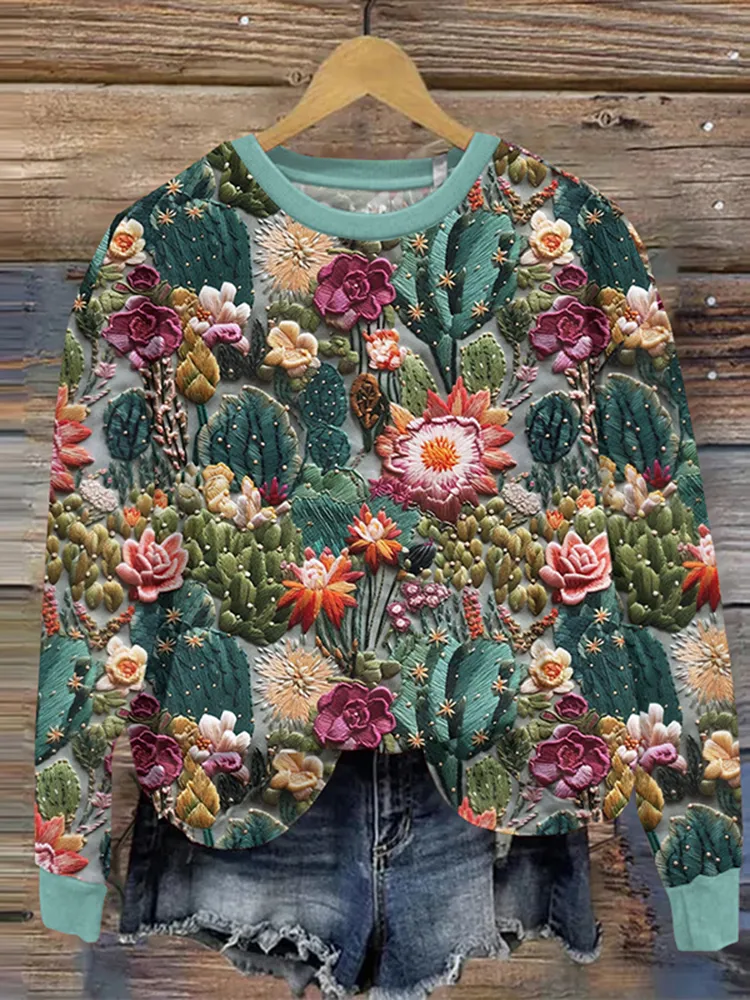 Western Cactus Print Crew Neck Sweatshirt