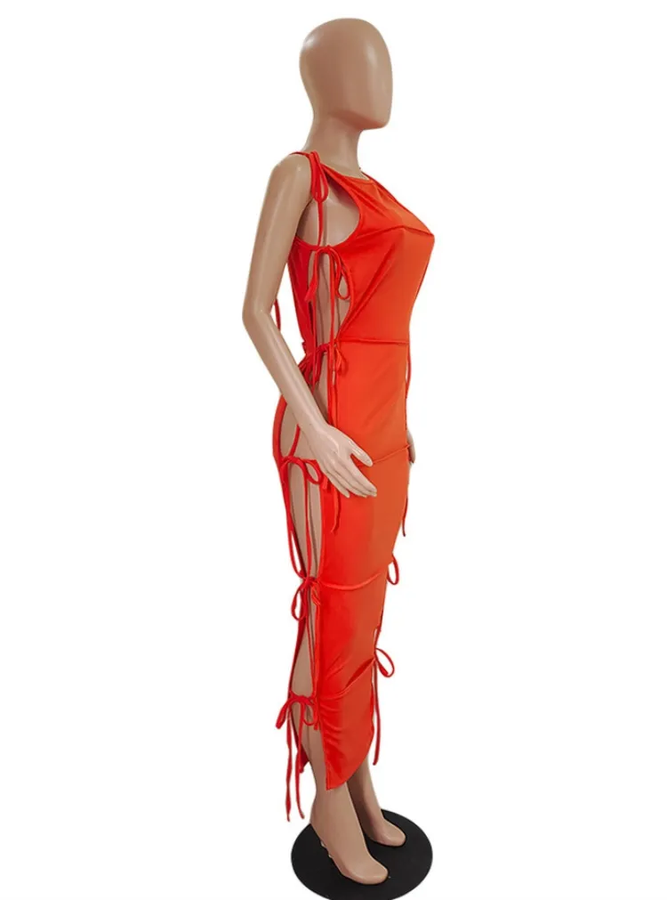 Women Summer Orange Sexy O-Neck Sleeveless Solid Lace Up Maxi Straight Plus Size Long Dress