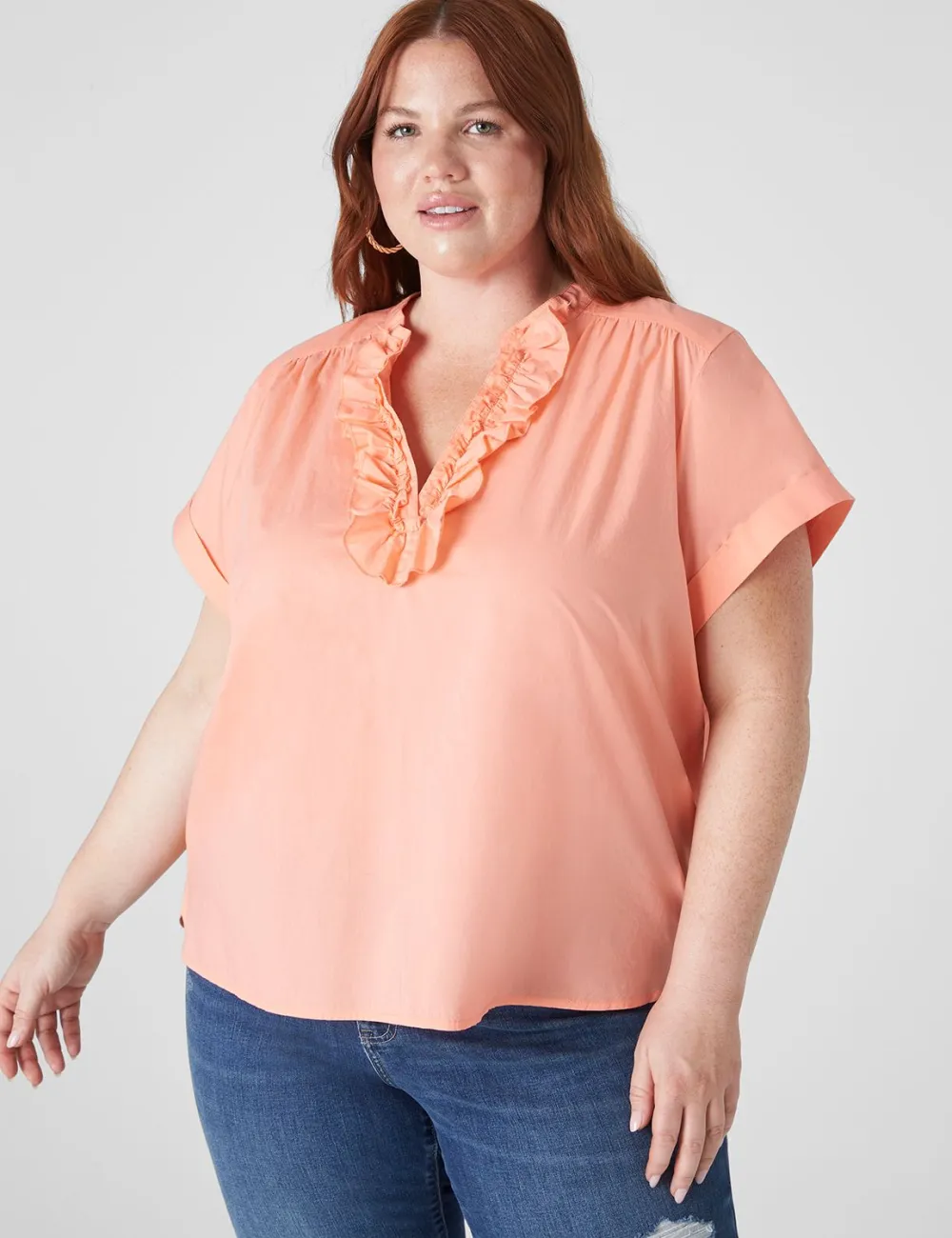 Relaxed Ruffle Notch-Neck Woven-Front Top