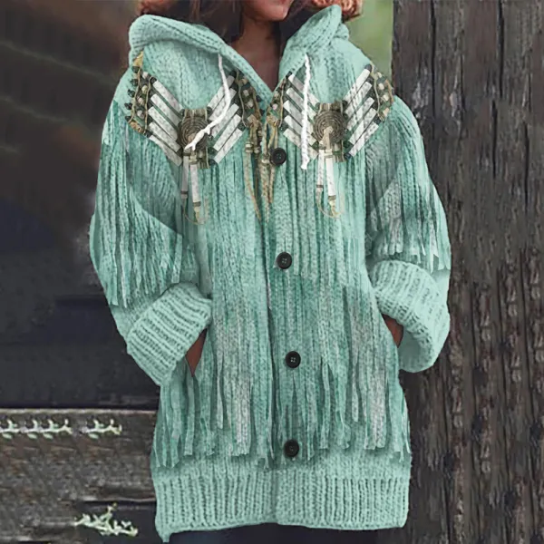 Women's Western Tribal Geometry Cozy Hooded Cardigan