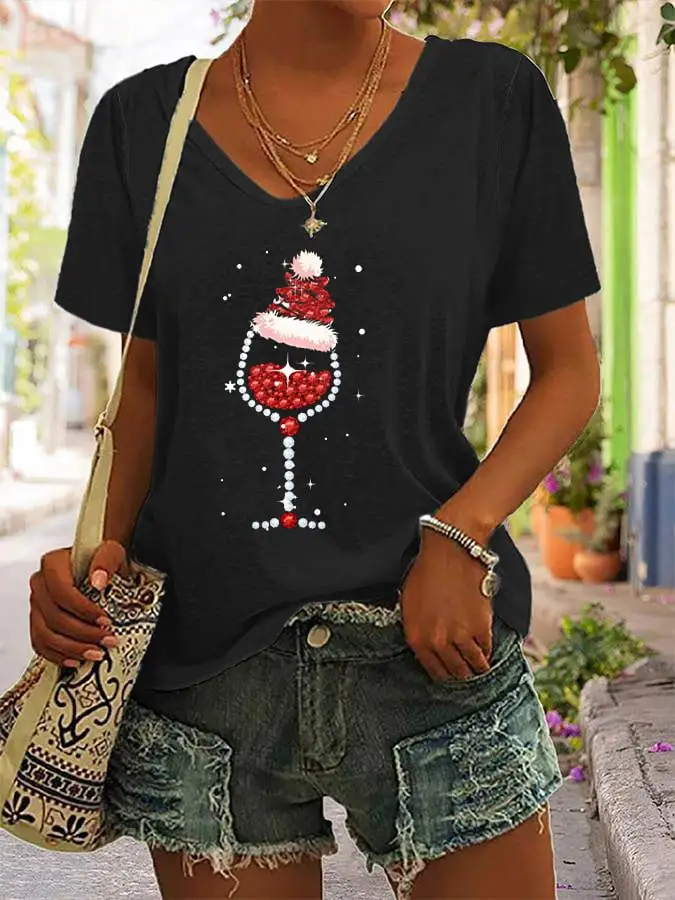 Women's Shiny Christmas Hat Red Wine Glass Casual V-Neck Tee