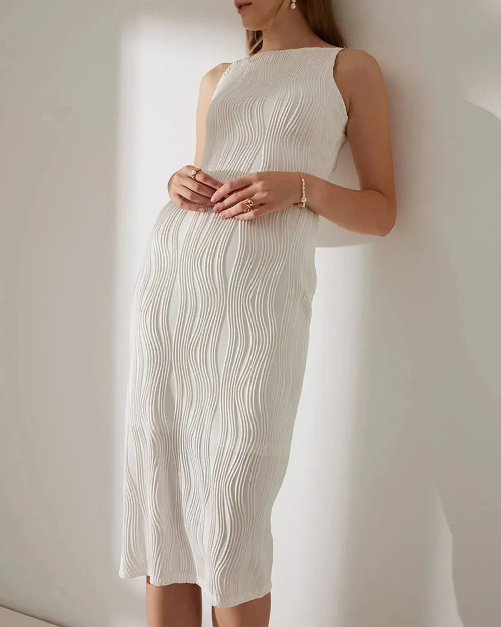 White Vertical Ripple Midi Dress