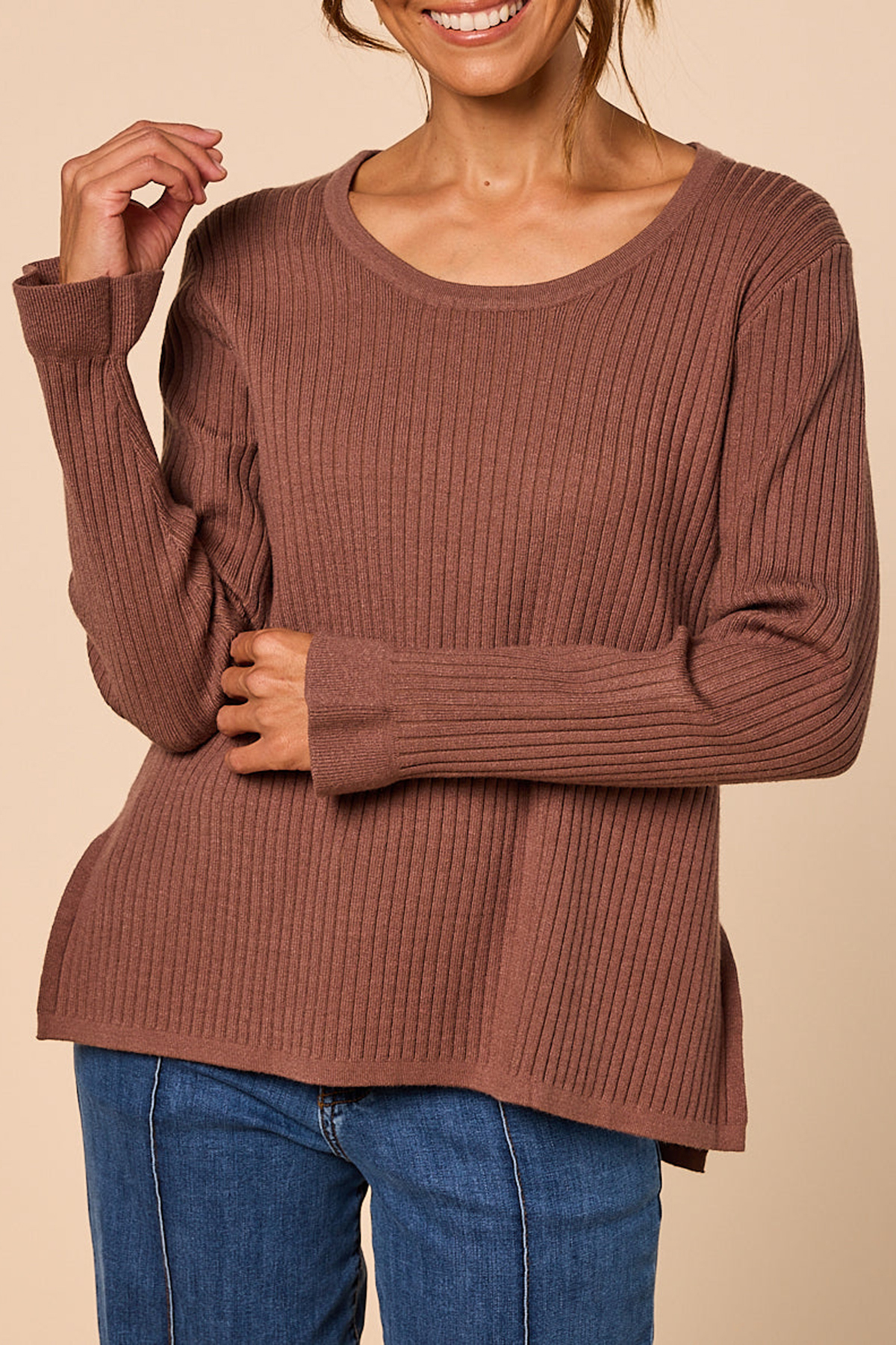 Long Sleeve Knitted Top In Cacao