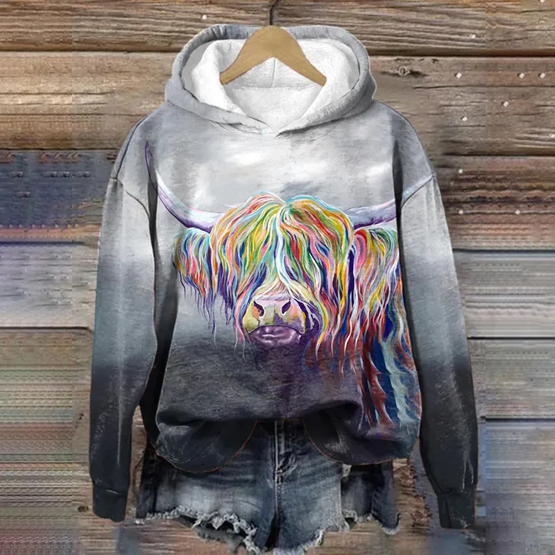 Women's Rainbow Highland Cow Print Casual Hoodie