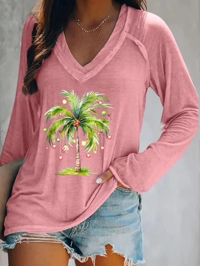 Women's Casual Christmas Palm Tree Print Long Sleeve T-Shirt