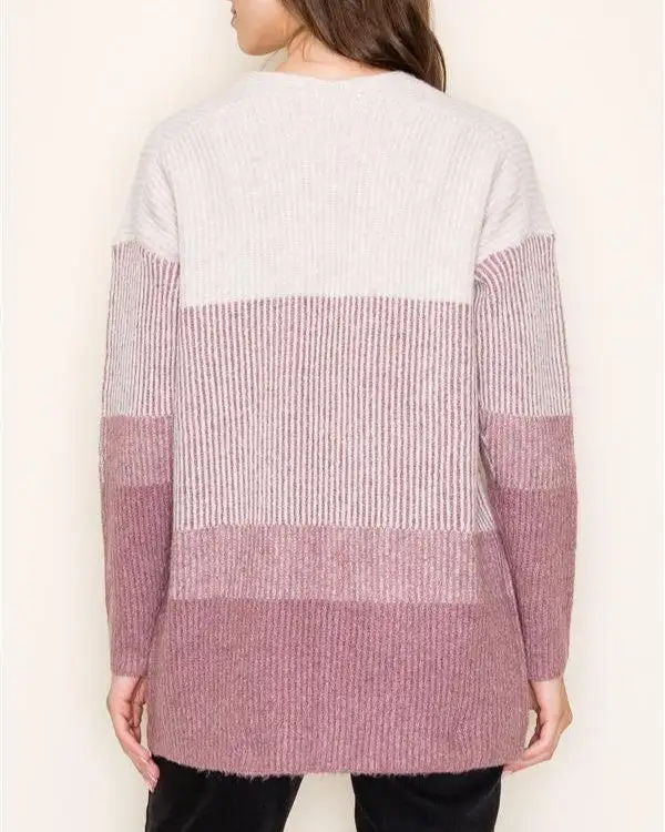 Ribbed Colorblock Cardigan - Dark Mauve