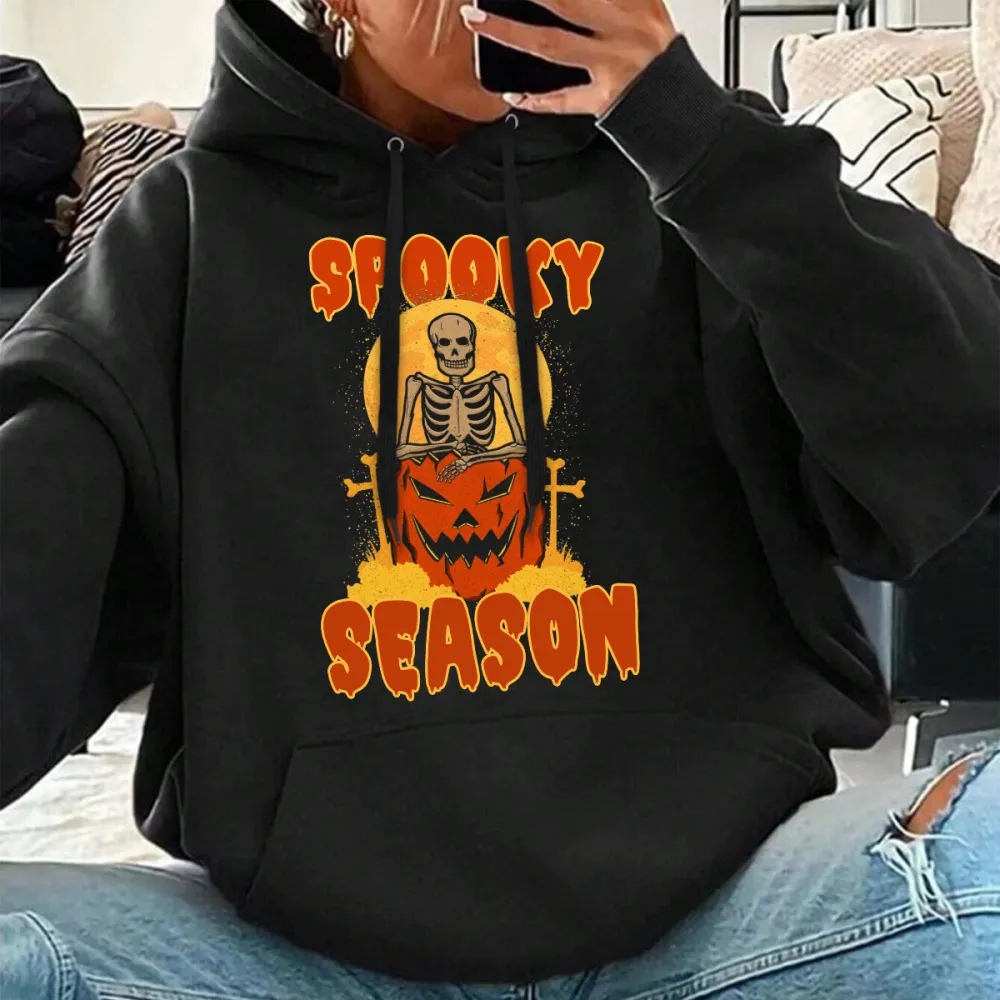 SPOOKY SEASON SKULL HALLOWEEN PATTERN PRINTED HOODIE