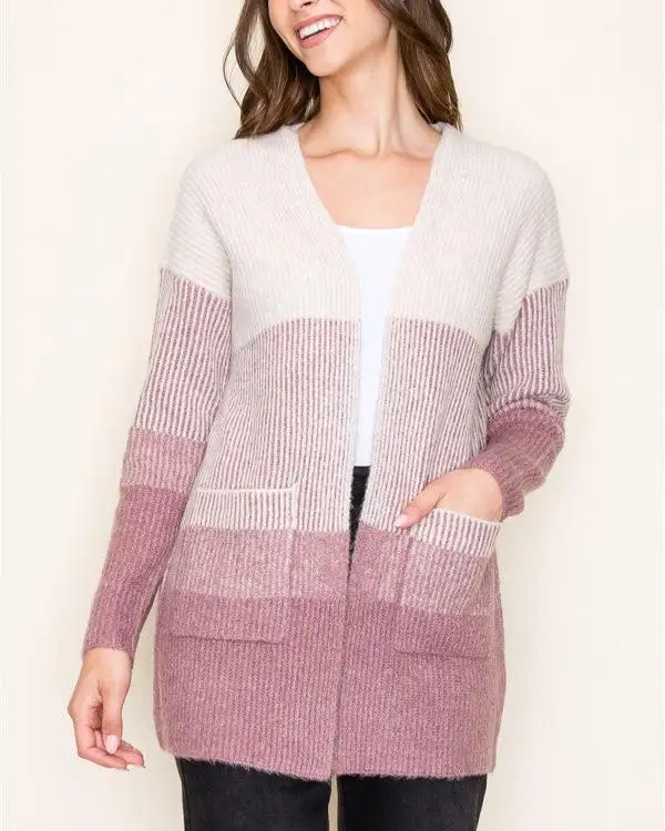 Ribbed Colorblock Cardigan - Dark Mauve