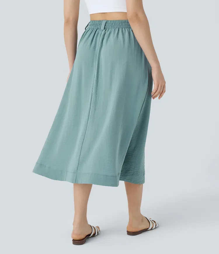 High Waisted Side Pocket Flowy Midi Casual Linen-Feel Skirt