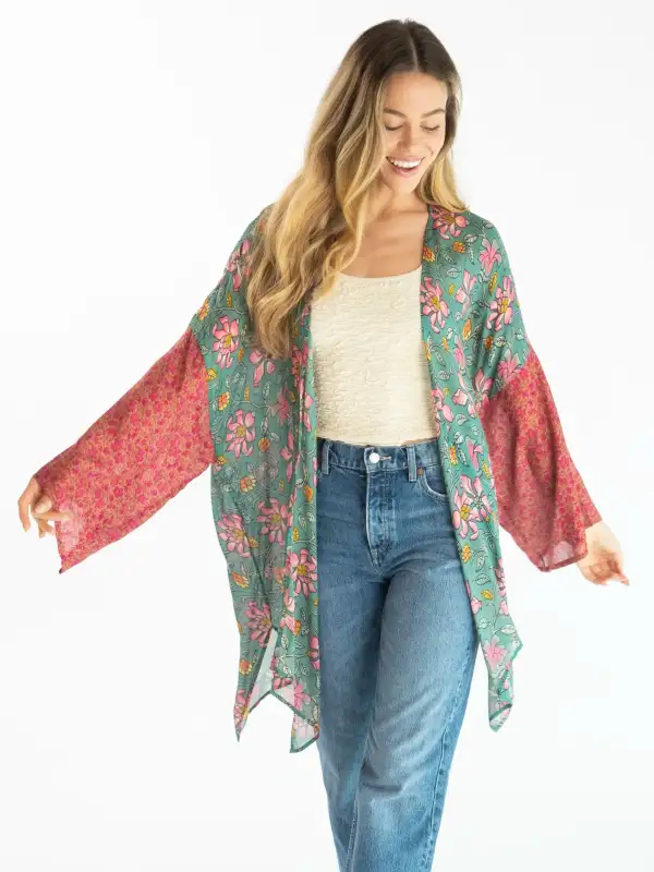 Sierra Mixed Print Kimono - Pink Lilies Mix Floral