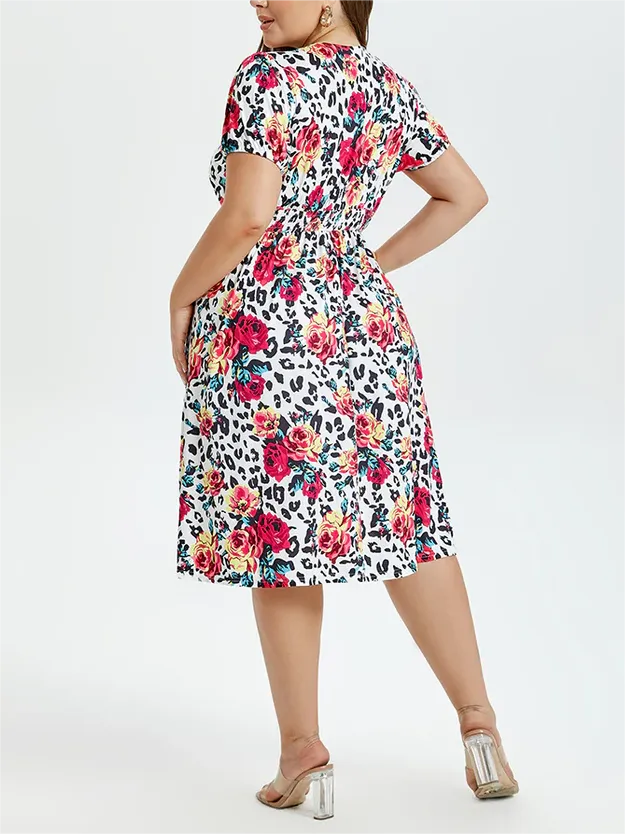 Floral & Leopard Print V-Neck Puff Sleeve Elastic Waist Midi Dress