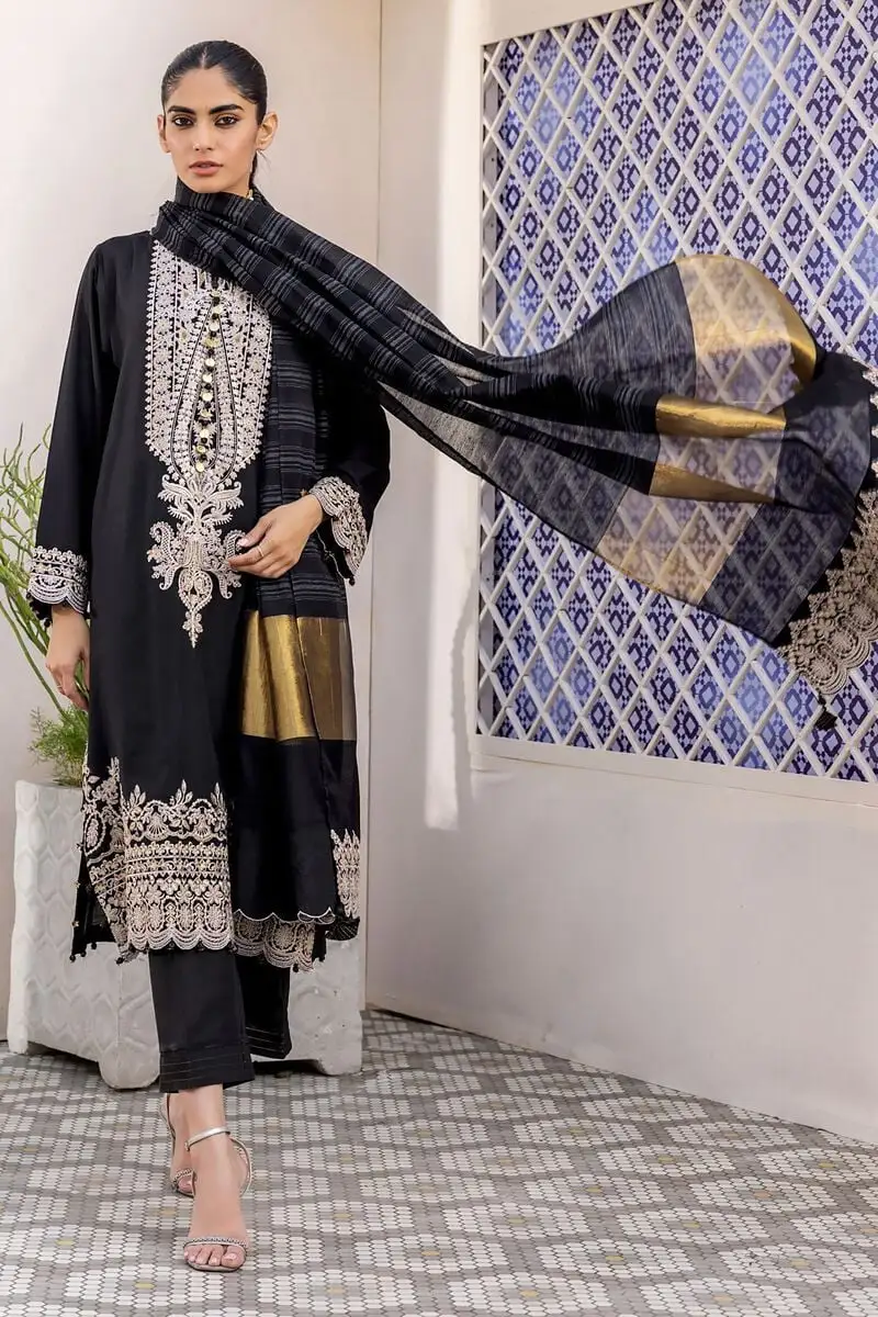 3 Piece Kurta Embroidered | Dupatta& Bottom & Tops | Color Black