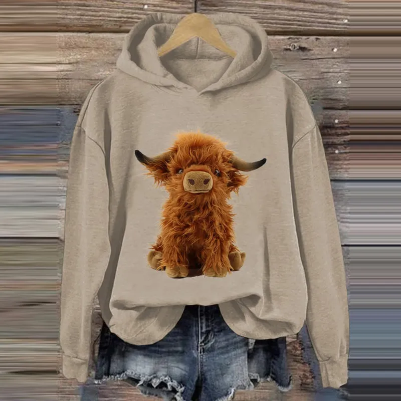 Women's Felt Highland Cow Print Vintage Hoodie