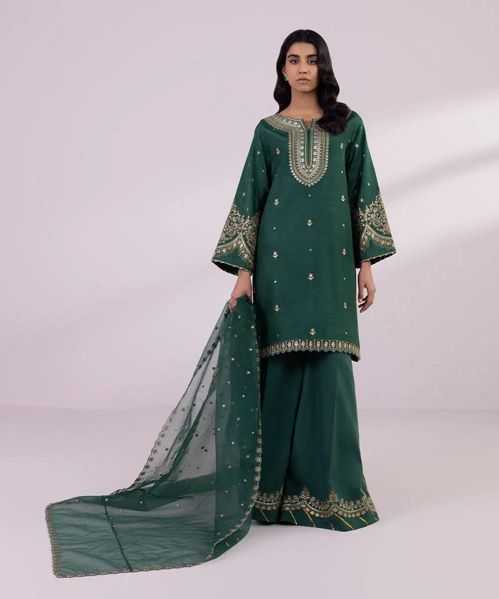 3 Piece - Embroidered Raw Silk Suit