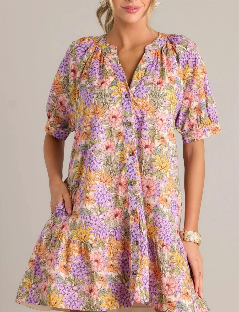 GARDEN GLOW 100% COTTON LAVENDER MINI SHIRT DRESS