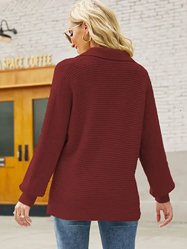 Long Sleeves Solid Color Lapel V-Neck Sweater Tops