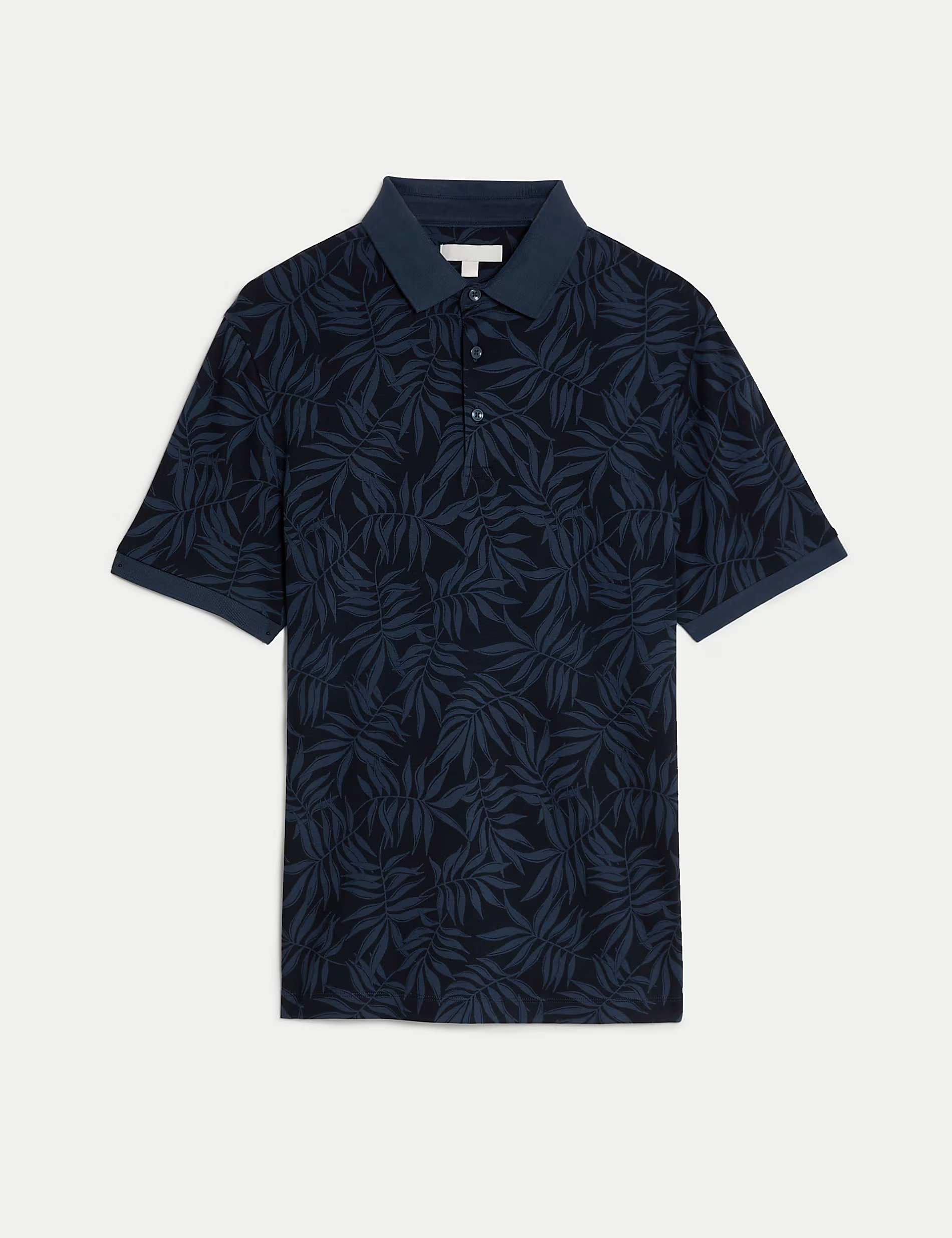 Pure Cotton Leaf Print Black Polo Shirt