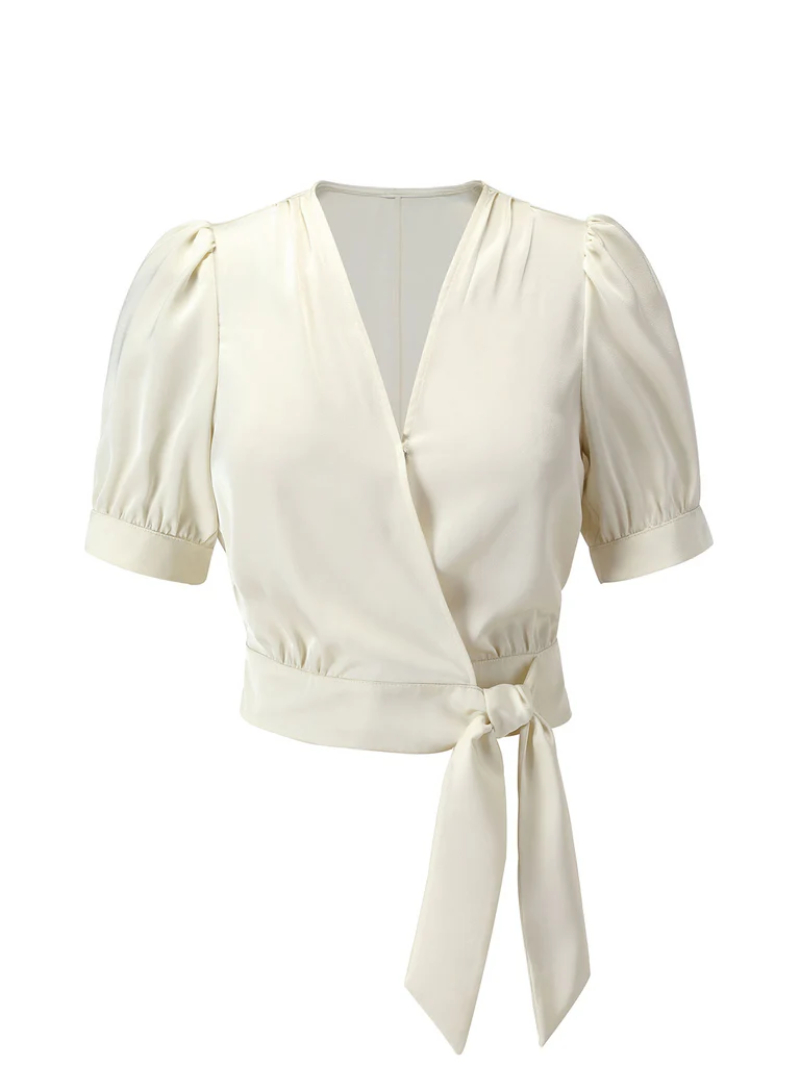 BEIGE 1950S SATIN PUFF SLEEVE V-NECK BLOUSE