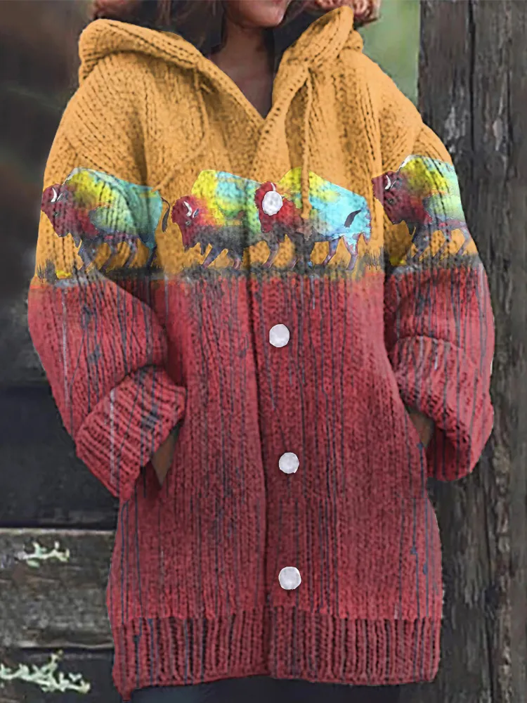 Women'S Vintage Western Bison Pattern Knitted Hooded Cardigan Sweater