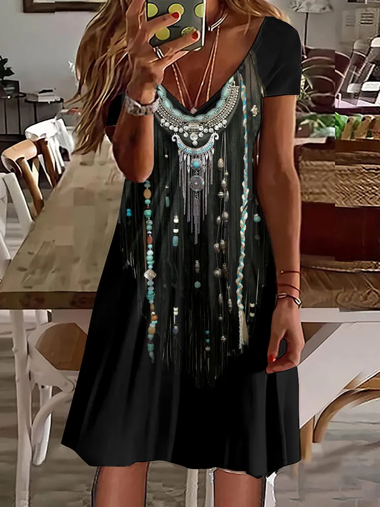 Western Fringed Turquoise Print V Neck Short Sleeve Midi Dress