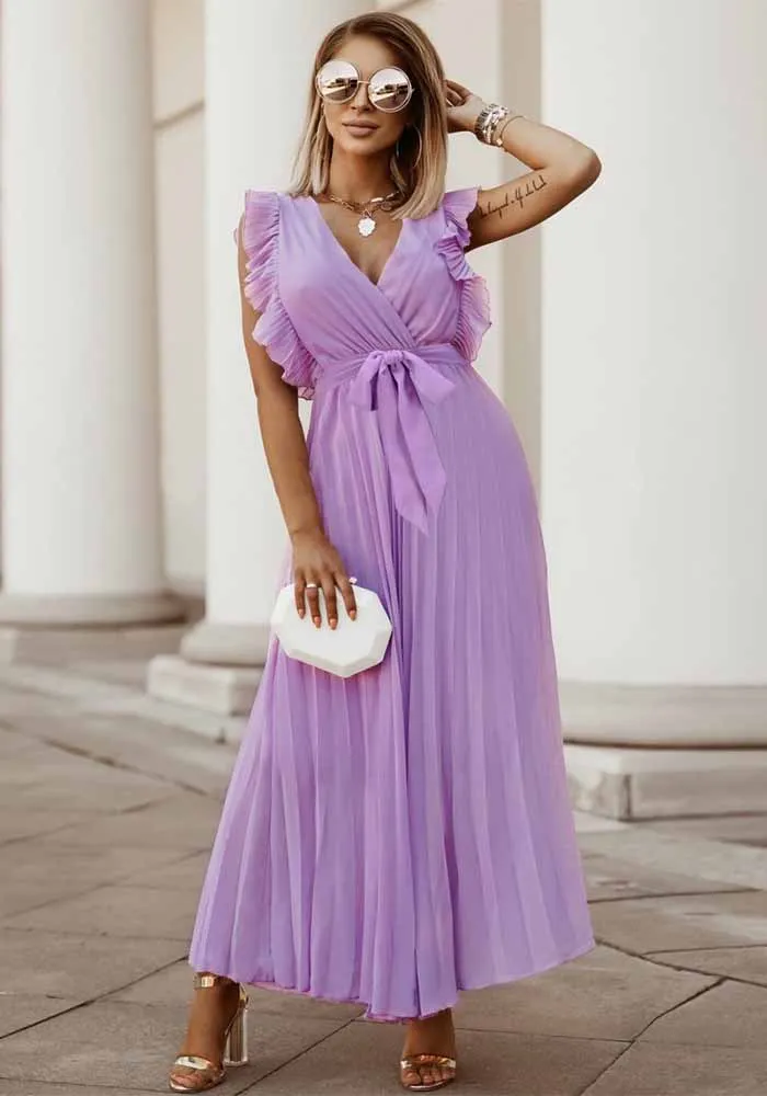 Women Summer Purple Sweet V-neck Sleeveless Solid Chiffon Belted Pleated Long Smock Dress