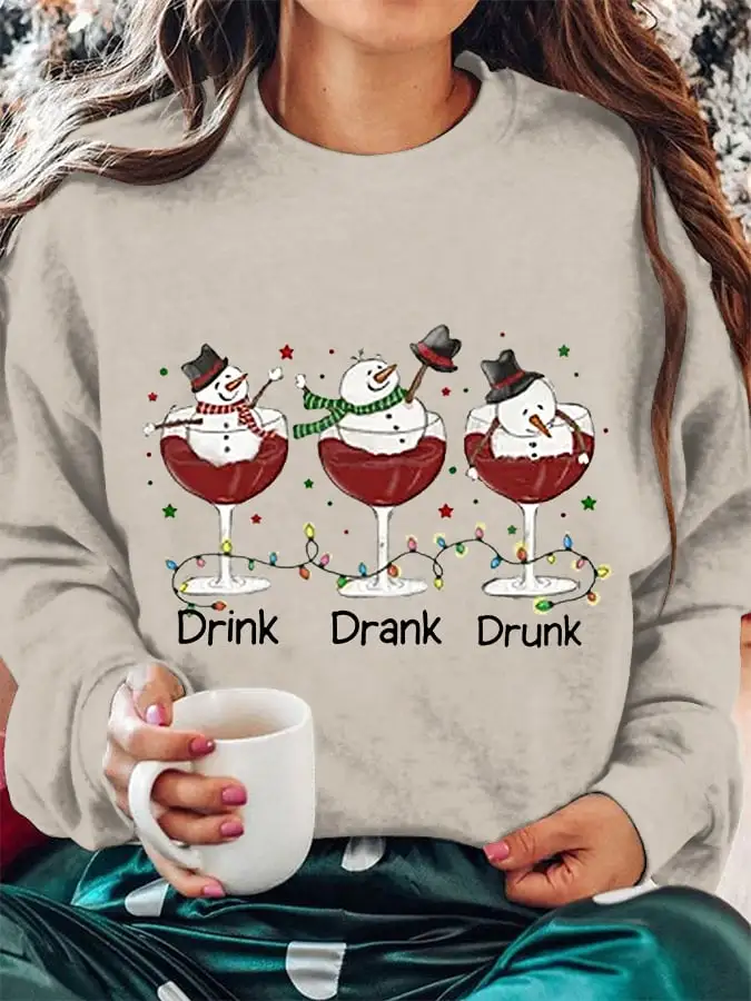 Women's Funny Christmas Drink Drank Drunk Snowman Red Wine Glass Casual Sweatshirt