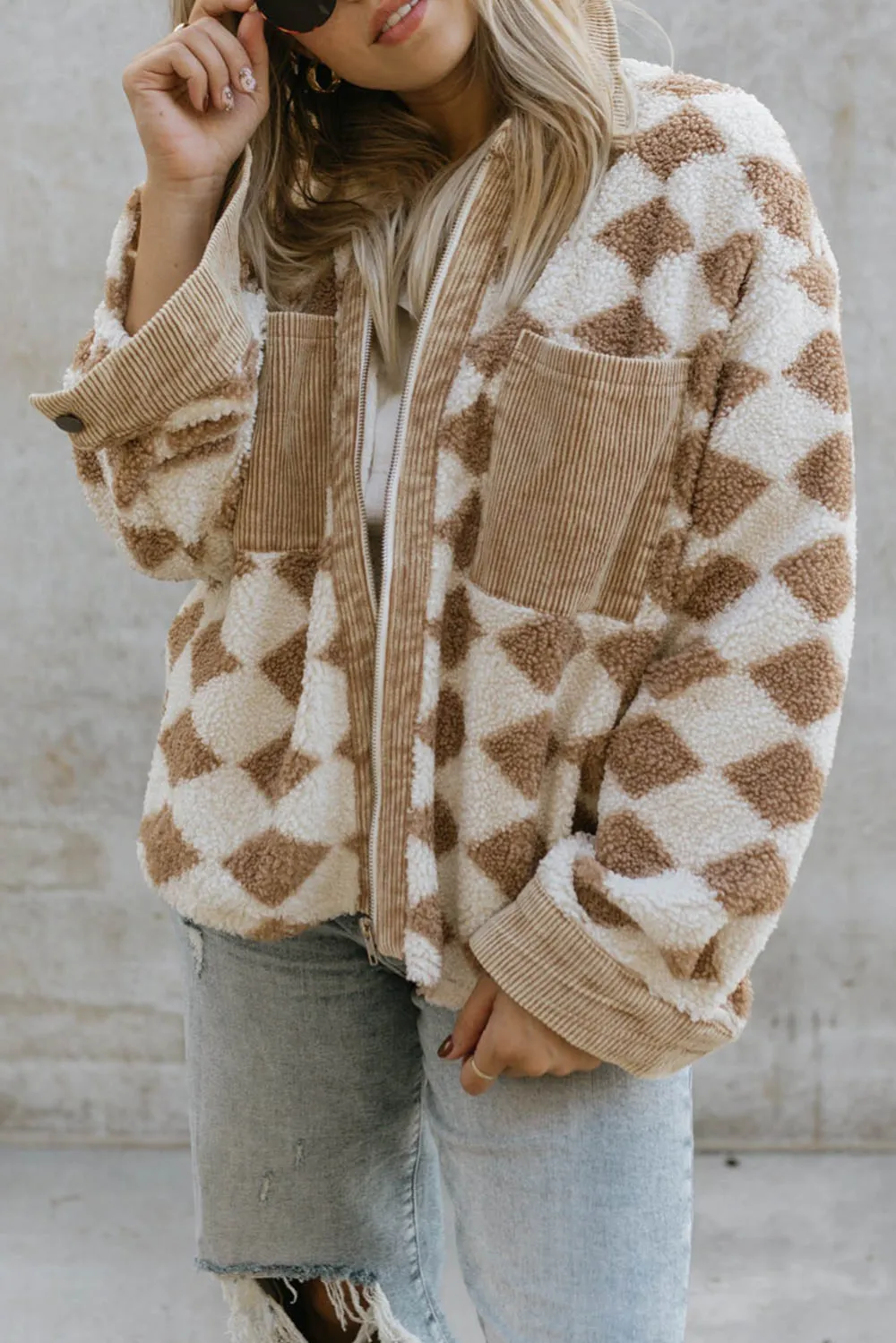 Apricot Geometric Pattern Corduroy Patch Pockets Sherpa Jacket