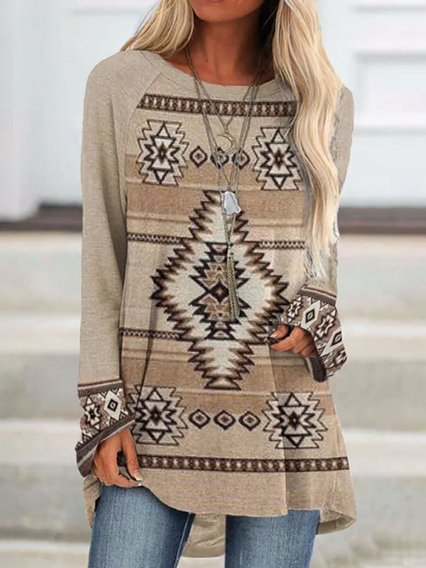 Western Print Paneled Crew Neck Tunic