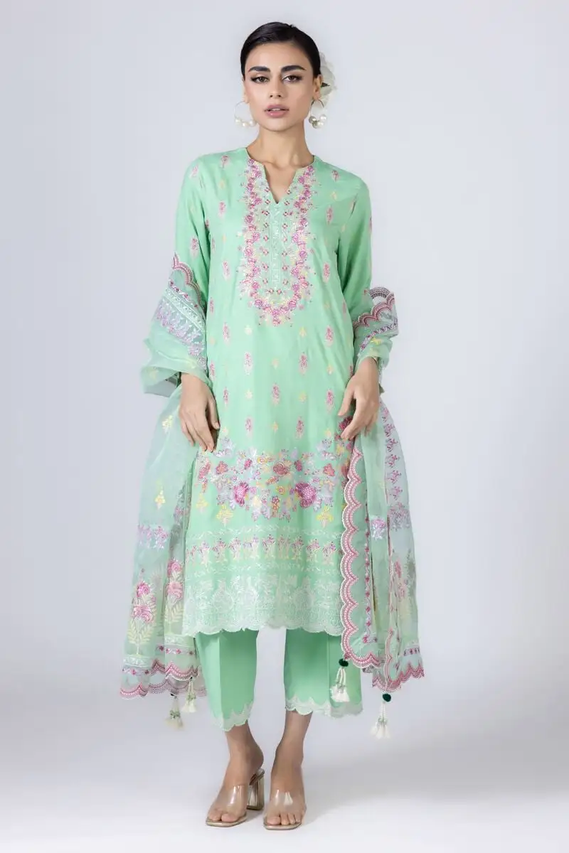 3 Piece Kurta Embroidered | Dupatta& Bottom & Tops | Color Light green