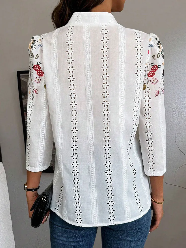 Women's Casual Retro Ethnic Style Embroidered Hollow Cotton Shirt