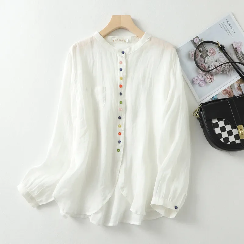 Art retro cotton linen color button irregular shirt