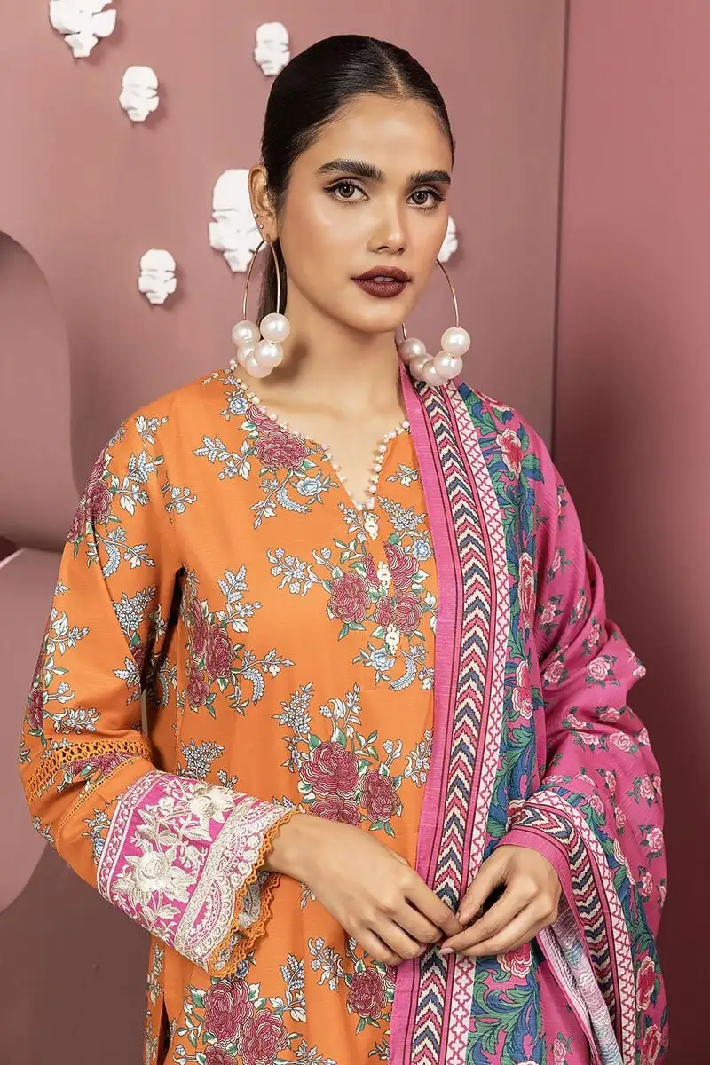 3 Piece Kurta Embroidered | Dupatta& Bottom & Tops | Color orange and pink