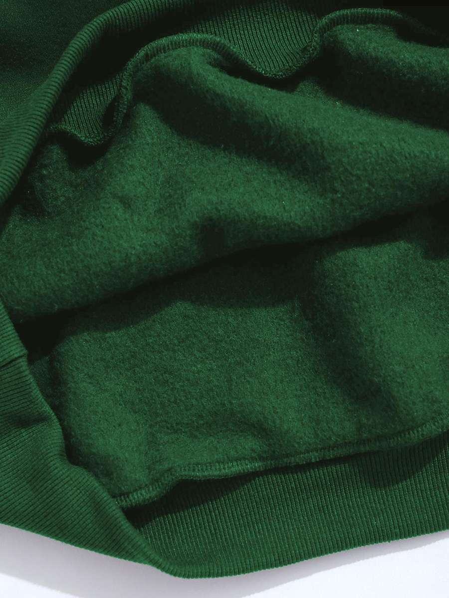 Letter-embroidered puffy fleece-lined green hoodie