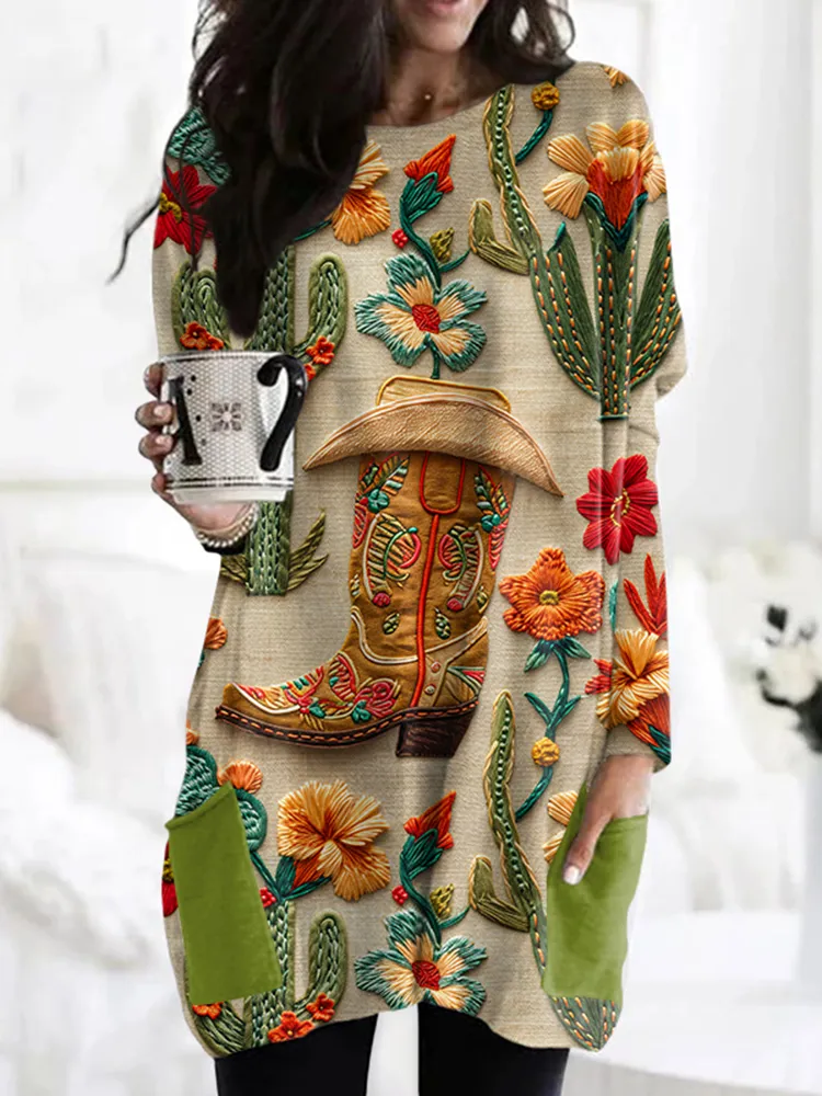 Western Vintage Boots And Floral Cozy Casual Tunic