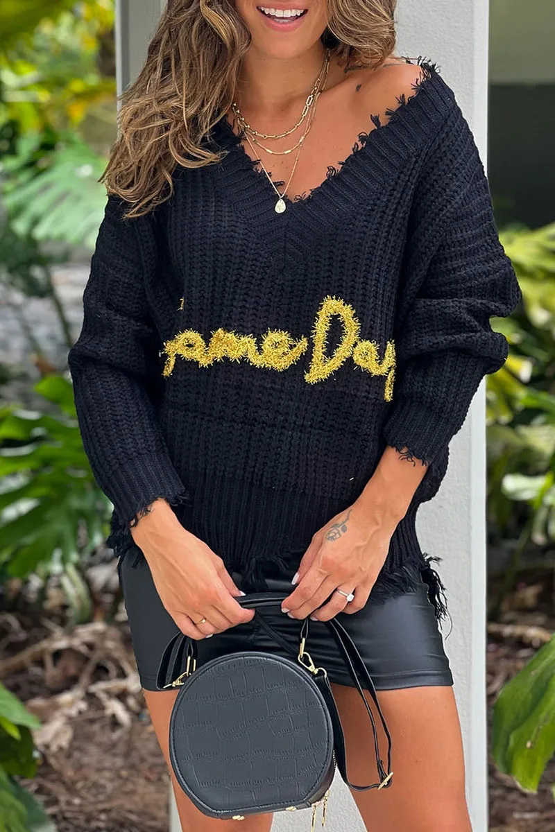 Black V Neck Frayed Game Day Sweater