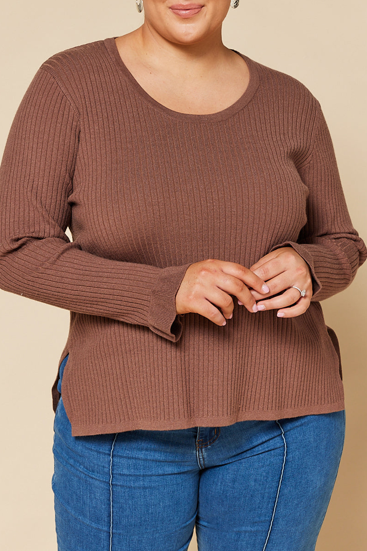 Long Sleeve Knitted Top In Cacao