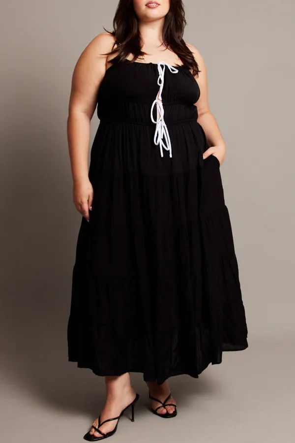 Black Midi Dress Sleeveless Contrast Ribbon