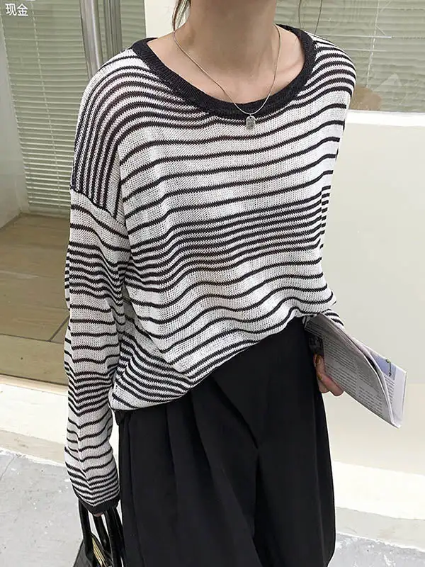 Casual Striped Round-Neck Long Sleeves Knitwear Tops