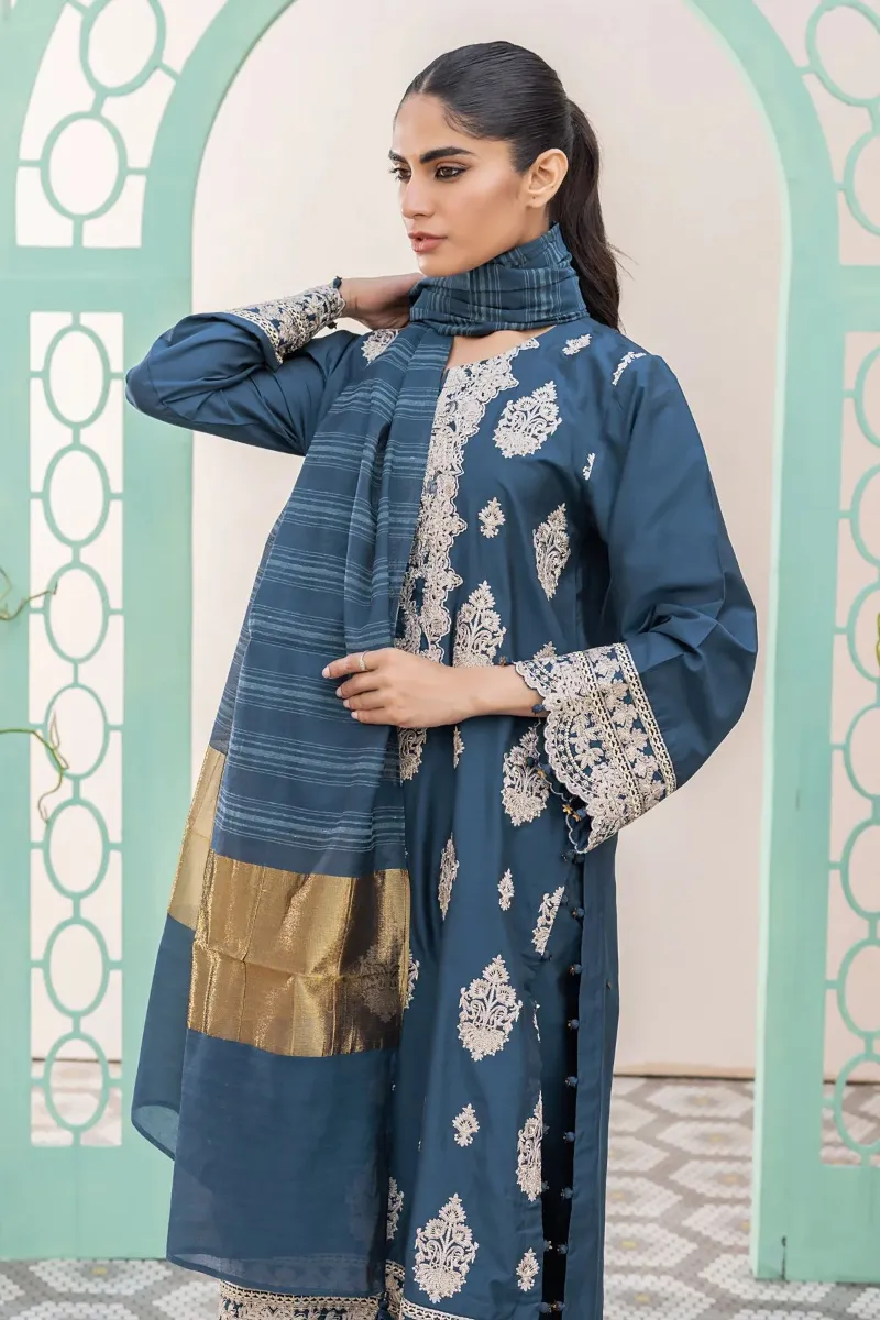 3 Piece Kurta Embroidered | Dupatta& Bottom & Tops | Color Indigo